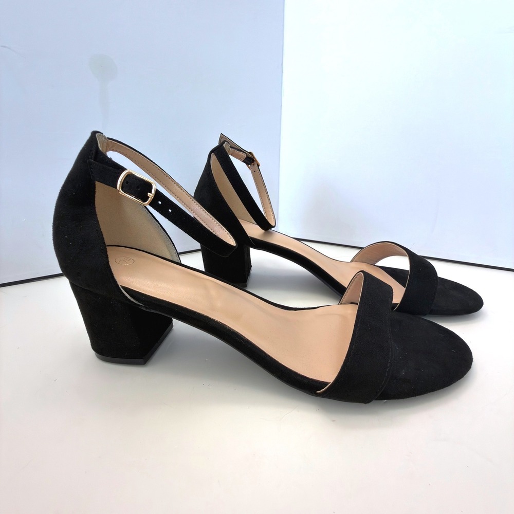 Womens Black Faux Suede Ankle Strap Block Heel Sandals Size 12W Wide Width